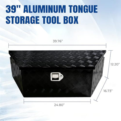 39" x 12" x 16.5" Trailer Tongue Tool Box Heavy Duty Aluminum with Latch and Keys Trailer Toolbox Organizer Truck Underbody Box Compatible with Pick Up Truck Bed RV Trailer ATV Black