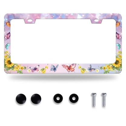 Butterfly Sunflower License Plate Frame Stainless Steel Holder 12.3"x6.3"