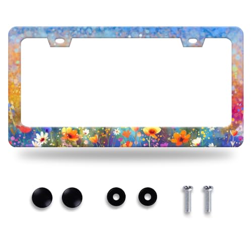 Watercolor Flower License Plate Frame Stainless Steel Car Accessory6.3x12.3
