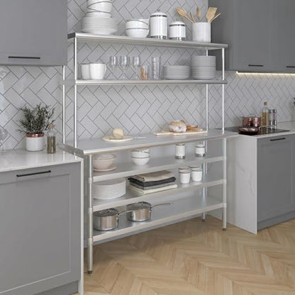 18" x 60" Stainless Steel Work Table with 3 Shelves and 12" Wide Double Tier Overshelf