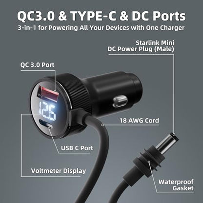 3-in-1 Power Cable for Starlink Mini with Digital Display DC 100W+ Car Charger, 10FT 12V-24V Cigarette Lighter Adapter, LED Voltage Monitor, USB & Type-C Ports Round