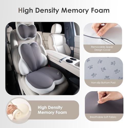 3 PCS Seat Cushion for Carseat Lumbar Support Pillow Car Neck Headrest Pillows Ultrathick Memory Foam Seat Pads Pressure Relief Back Cushion for Office Chair