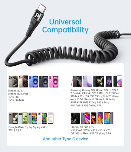 Coiled USB C Cable Fast Charging for Car 3FT (6 Foot)