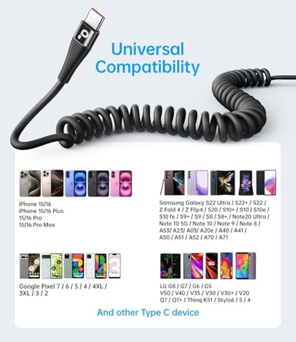 Coiled USB C Cable Fast Charging for Car 3FT (6 Foot)