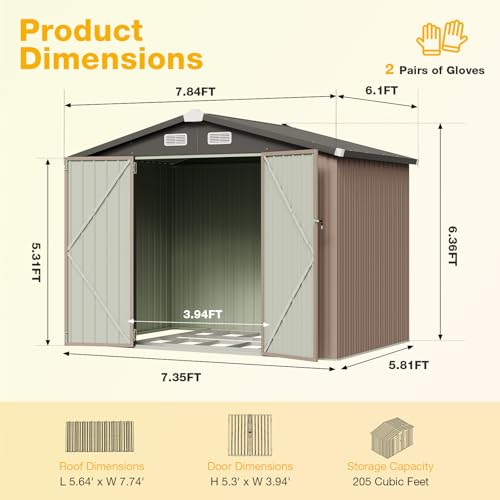 8x6 FT Outdoor Storage Shed with Base & Lockable Double Doors