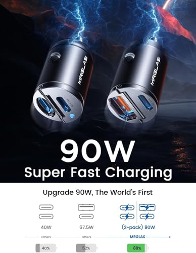 2 Pack 90W USB C Car Charger Fast Charging Type C Cigarette Lighter Adapter