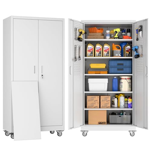 Metal Garage Storage Cabinet with Wheels and Pegboard 71'' x 34'' x 18''