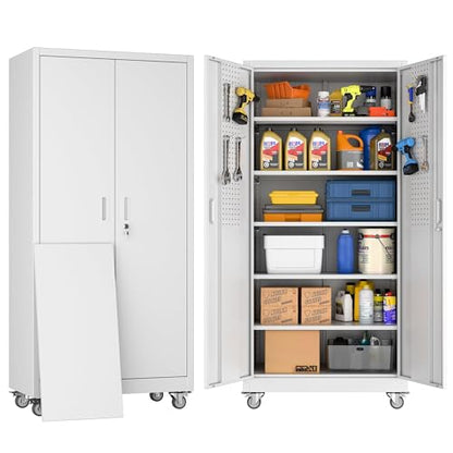 Metal Garage Storage Cabinet with Wheels and Pegboard 71'' x 34'' x 18''