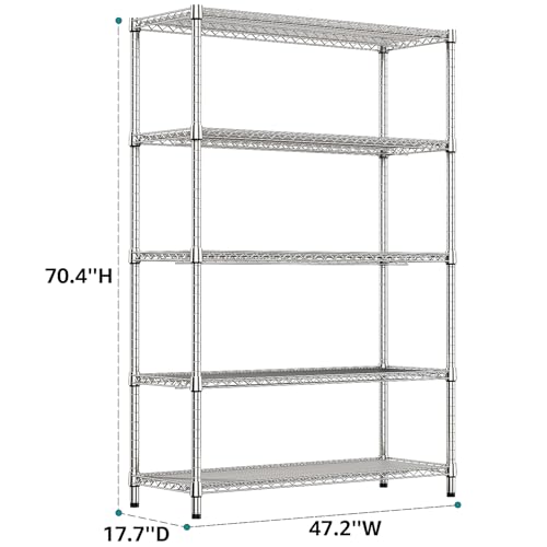 4250 LBS Garage Shelving Wide Storage Shelves 5 Tier Metal Shelves Heavy Duty Adjustable Utility Shelf Rack Chrome 17.7" D x 47.2" W x 70.4" H (5 Count)