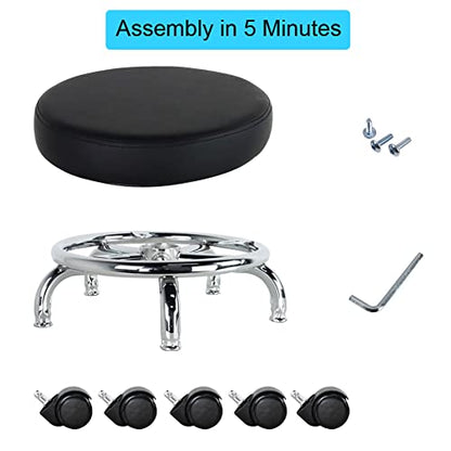 Modern Roller Seat PU Leather Low Round Rolling Stool 360° Swivel Small Seat with Universal Wheels Foot Stool for Home Office Garage Shop Fitness Sport H：8.6" （Black）