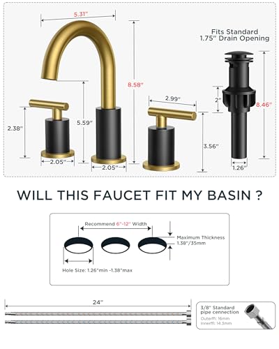 Bathroom Sink Faucet 3 Hole Black and Gold 8 Inch Widespread