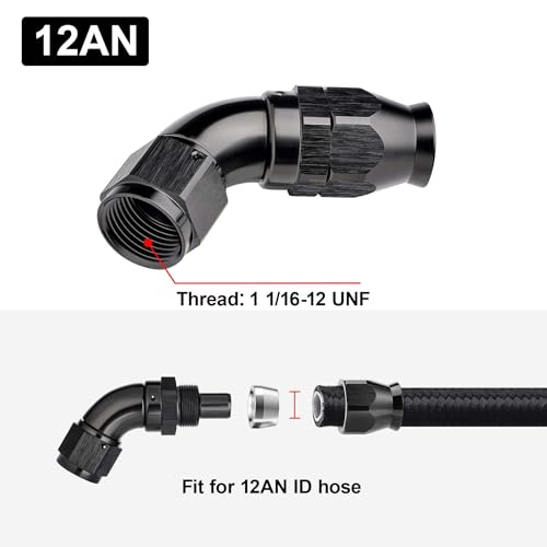 12AN 60 Degree PTFE One Piece Full Flow End Hose Fitting Aluminum Black