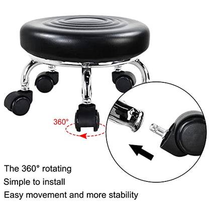 Modern Roller Seat PU Leather Foot Stool Low Round Rolling Stool 360° Step Stool Swivel Small Seat with Universal Wheels for Home Office Garage Shop Fitness Sport H：8.4" （Black）