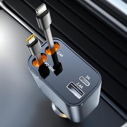 Smaller 4 in 1 Retractable Car Charger with Type C & L Cords