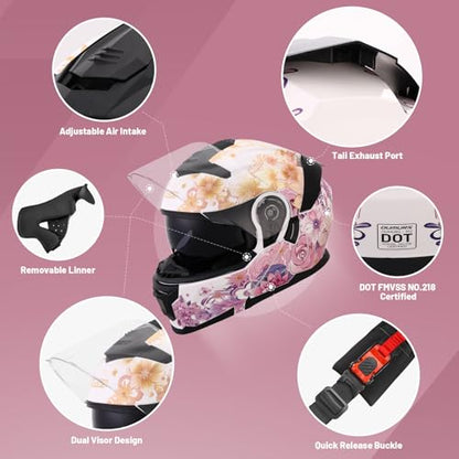 Pink Modular Motorcycle Helmets Full Face Flip up Street Bike Motorcycle Helmet for Unisex Adult Flower Sea
