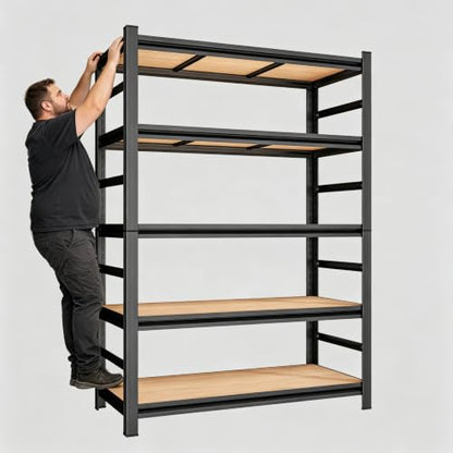 Heavy Duty Garage Shelving with Adjustable Wood Shelves 5 Tier