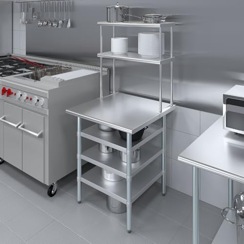 30" x 30" Stainless Steel Work Table with 3 Shelves and 12" Wide Double Tier Overshelf