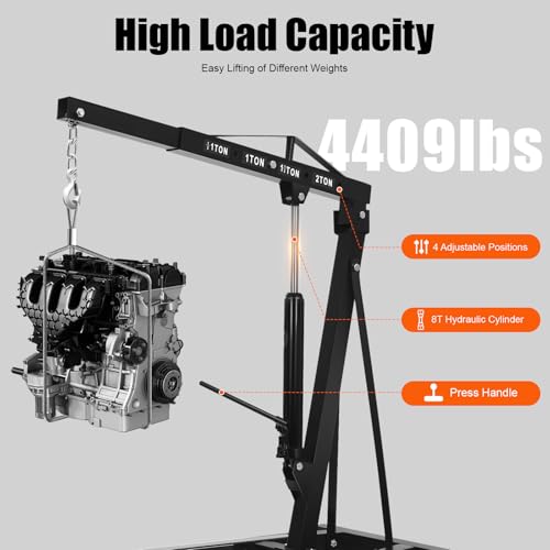 Folding Engine Crane 2 Ton Folding Engine Hoist 4400lbs Crane Hoist Lift with 6 Iron Caster Wheels for Garage