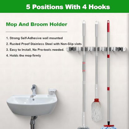 2 Pack] 5 Racks and 4 Hooks Mop and Broom Holder Wall Mount (2 Count)
