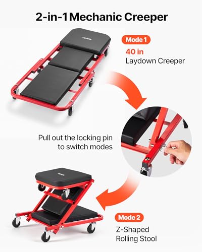 40 in 2-in-1 Folding Mechanic Creeper, Z Creeper Seat & Under Car Garage Roller, 450 lbs Rolling Creeper Stool with 6 Swivel Casters, Padded Headrest for Auto Repair