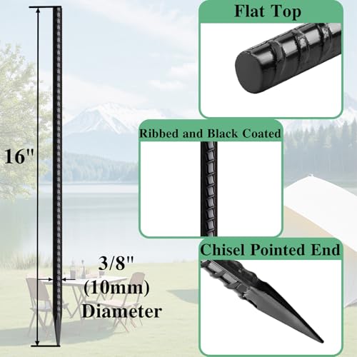 Rebar Stakes 16 Inch 20 Pack Heavy Duty Ground Anchors with Chisel Point End Long Straight Steel Tent Stakes 3 (20 Count)
