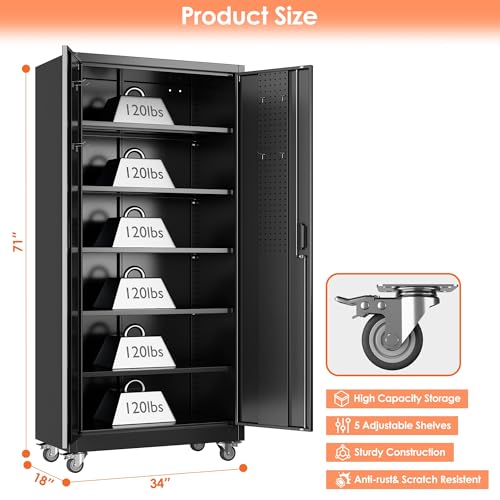 Garage Storage Cabinet with Wheels & Pegboard Doors