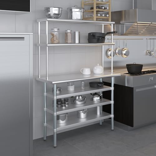 18" x 48" Stainless Steel Work Table with 3 Shelves and 12" Wide Double Tier Overshelf
