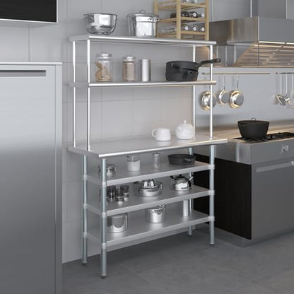 18" x 48" Stainless Steel Work Table with 3 Shelves and 12" Wide Double Tier Overshelf