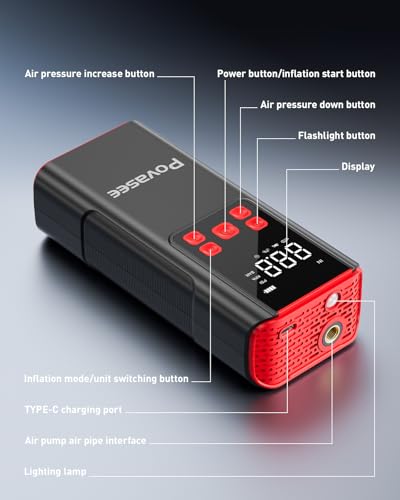 Tire Inflator Portable Air Compressor Povasee 150PSI Portable Air Pump for Tires Cordless Car Tire Inflator with LCD Display