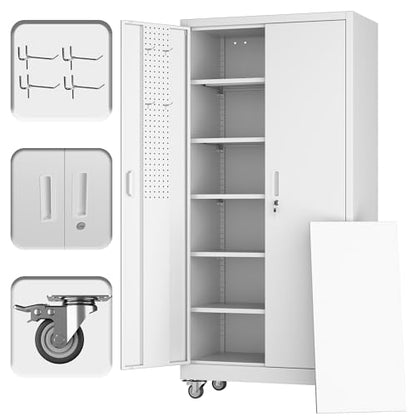 Metal Storage Cabinet with Wheels and Pegboard