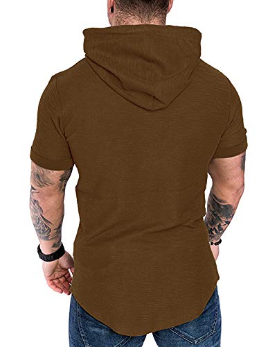 Mens Fashion Hoodies Sport Pullover Solid Color Shirt Workout Lightweight Tops Brown XX