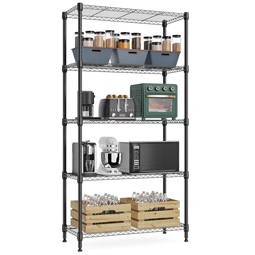 1250 lbs 5 Tier Shelf Metal Storage Shelves Wire Rack Closet Organizers with Wheel for Garage Kitchen Bathroom Laundry Black 13.7" D x 23.6" W x 62.4" H (5 Count)