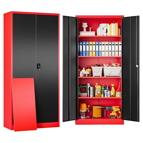 Red Metal Storage Cabinet with Locking Doors and Shelves