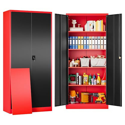 Red Metal Storage Cabinet with Locking Doors and Shelves