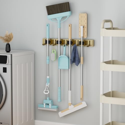 Broom Holder Wall Mount Mop Hanger Tools organizer 4Racks 5Hooks