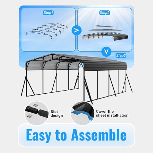 20x20FT Heavy Duty Metal Carport with Side Support Poles for All Weather