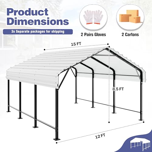 JY QAQA 12 x 15 FT Metal Carport Kits with Galvanized Steel Roof