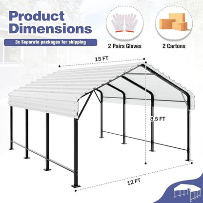 JY QAQA 12 x 15 FT Metal Carport Kits with Galvanized Steel Roof