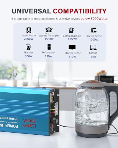 3000 Watt Inverter Pure Sine Wave DC 12V to 110V AC Power Inverters with 3 AC Charger Outlets