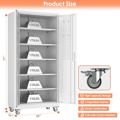 71" White Metal Storage Cabinet with Wheels and Pegboard