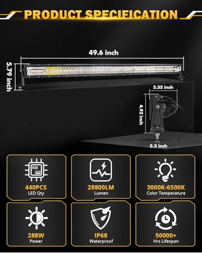 50 Inch Curved LED Light Bar 288W 6 Modes Amber White Driving Light
