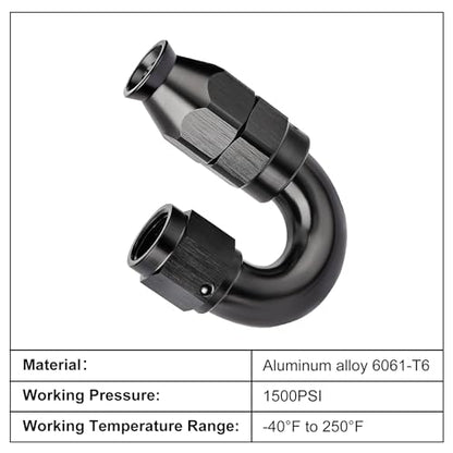 4AN 180 Degree PTFE One Piece Full Flow End Hose Fitting Aluminum Black