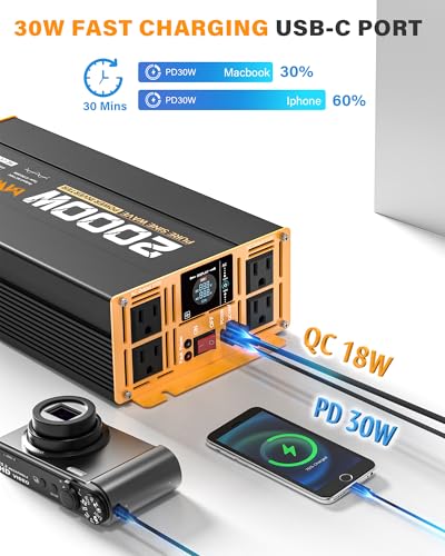 2000W Pure Sine Wave Inverter 12V DC to 110V 120V AC Car Converter for RV Truck Off