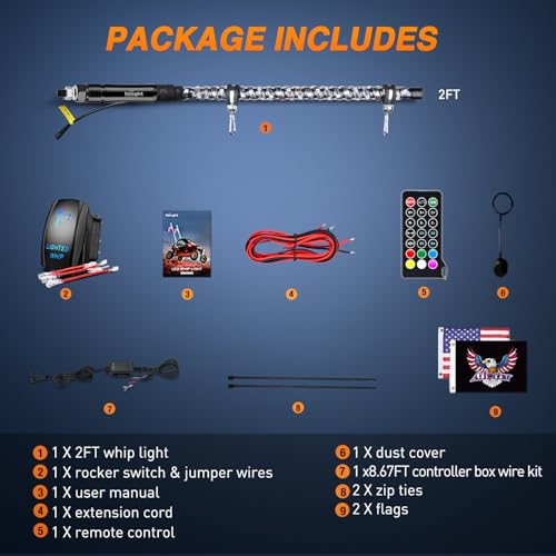 RGB LED Whip Light 1PC 2FT Lighted Antenna Whips