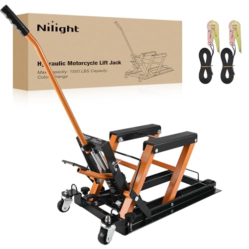 Motorcycle Lift Jack 1500 LBS Hydraulic Lifts ATV Scissor Jacks with Wheel Foot Pedal Handle Ratchet Belt Heavy Duty Lifter Stand Hoist Table for Dirt Bike Garage Storage Repair Tool