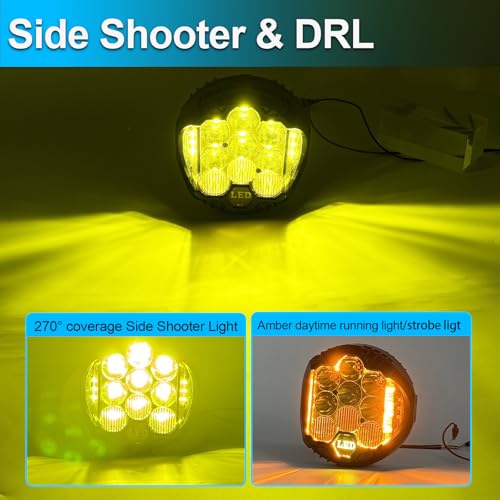 4PCS 5 Inch Amber Yellow Round LED Offroad Light with DRL 90W LED Light Pods 270° Wide Range Super Bright Side Shooter for Pickup Truck ATV UTV SUV (4 Count)