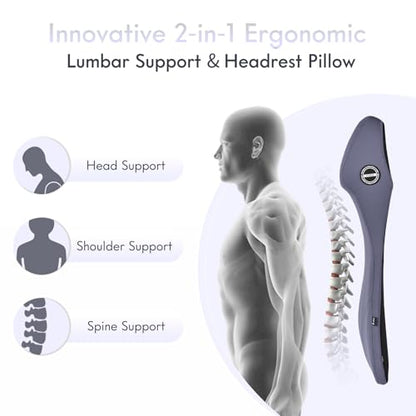 Integrated Car Seat Lumbar Support Pillow & Car Neck Pillow Memory Foam Back Cushion for Driving Car Seat Back Support Pillow for Car Seats Driver Back Neck Sciatica Pain Relief Cushion