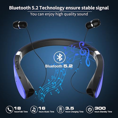 Foldable Bluetooth Headphones Wireless Neckband Headset with Retractable Earbuds