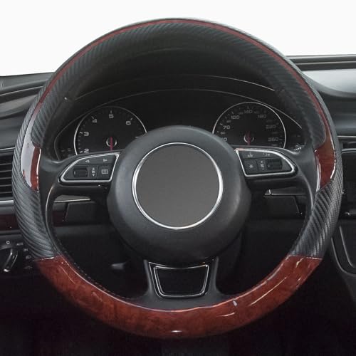 Wood Grain Steering Wheel Cover Red Universal Microfiber Leather