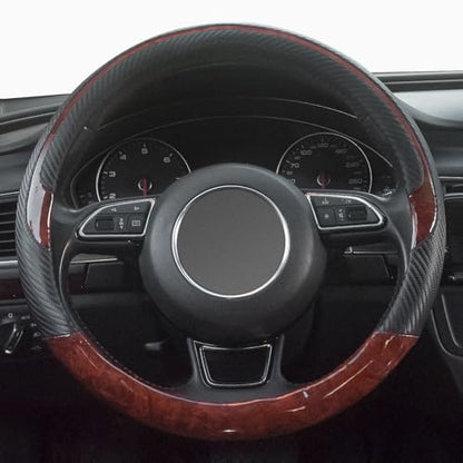 Wood Grain Steering Wheel Cover Red Universal Microfiber Leather